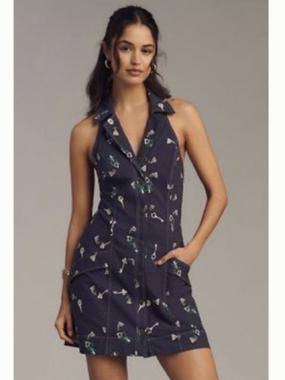 Anthropologie Sleeveless Navy Embroidered Shirt Dress
